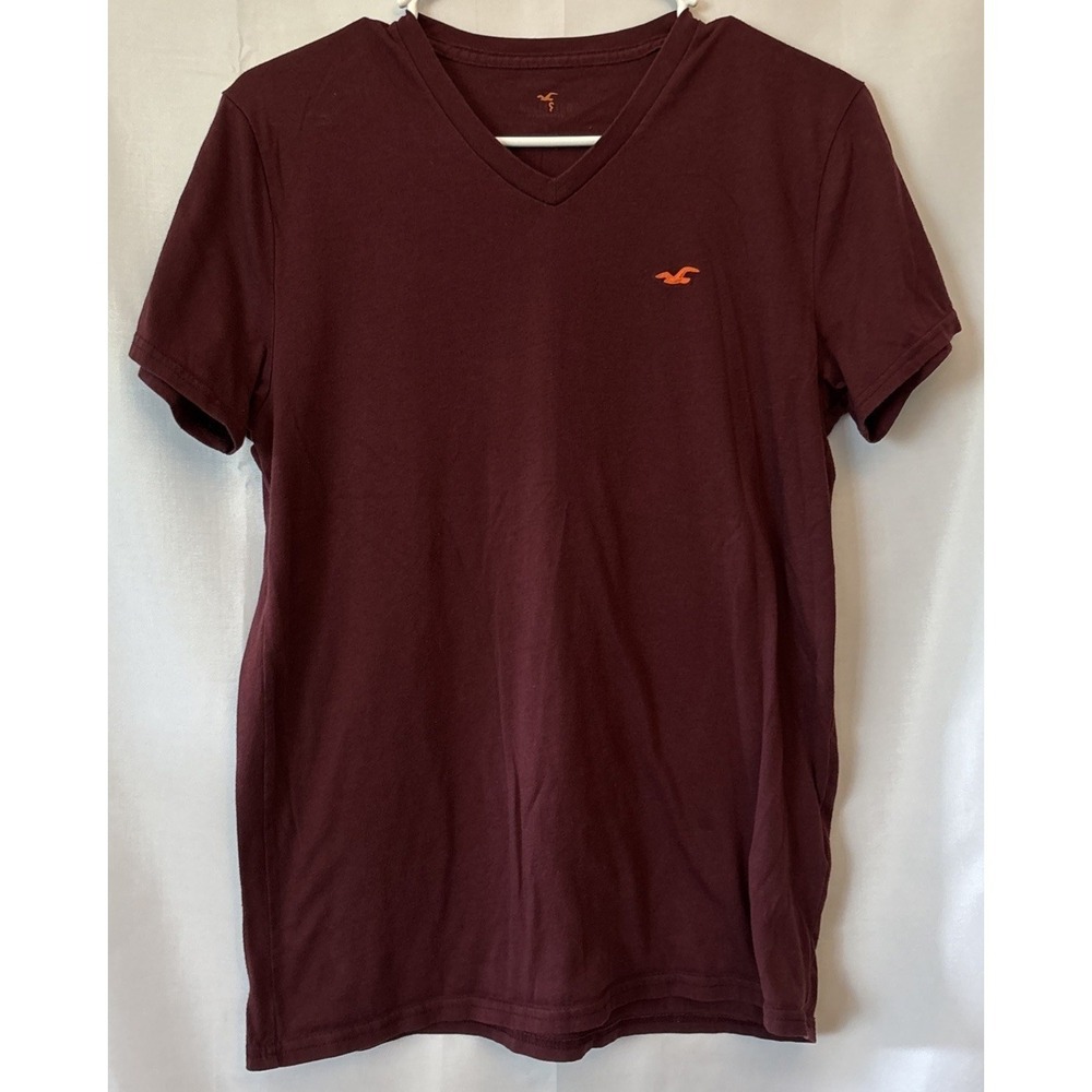 Hollister Shirt Mens S Burgundy V Neck Short Sleeve Embroidered Orange Logo